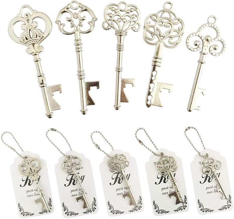 WODEGIFT 50pcs Vintage Skeleton Key Bottle Opener,Bridal Shower Favors,Wedding Favors Souvenir Gifts with Thank You Escort Tag and Key Chains (Silver,5 styles) - Image 2